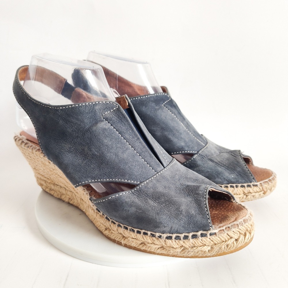Kanna Espadrille Sandals 10 Wedge Blue Leather Peep Toe Slingback Spain Cutouts